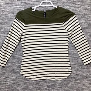 Women’s Black & White Stripes Green Velvet Top LS Collared Shirt Elbow Patch